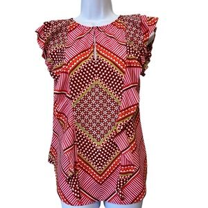 Banana Republic SplitNeck Mix Print Red/pink Flutter/Ruffle Sleeveless Tank Smal